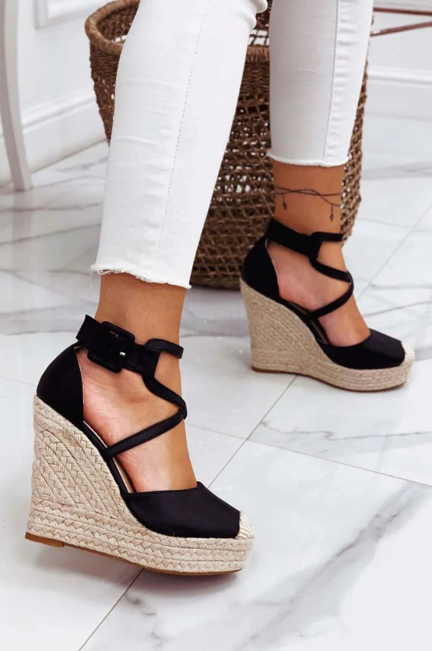 MORRIS - Espadrilles nere in finta pelle con zeppa e fasce ad incrocio