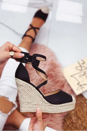 MORRIS - Espadrilles nere in finta pelle con zeppa e fasce ad incrocio