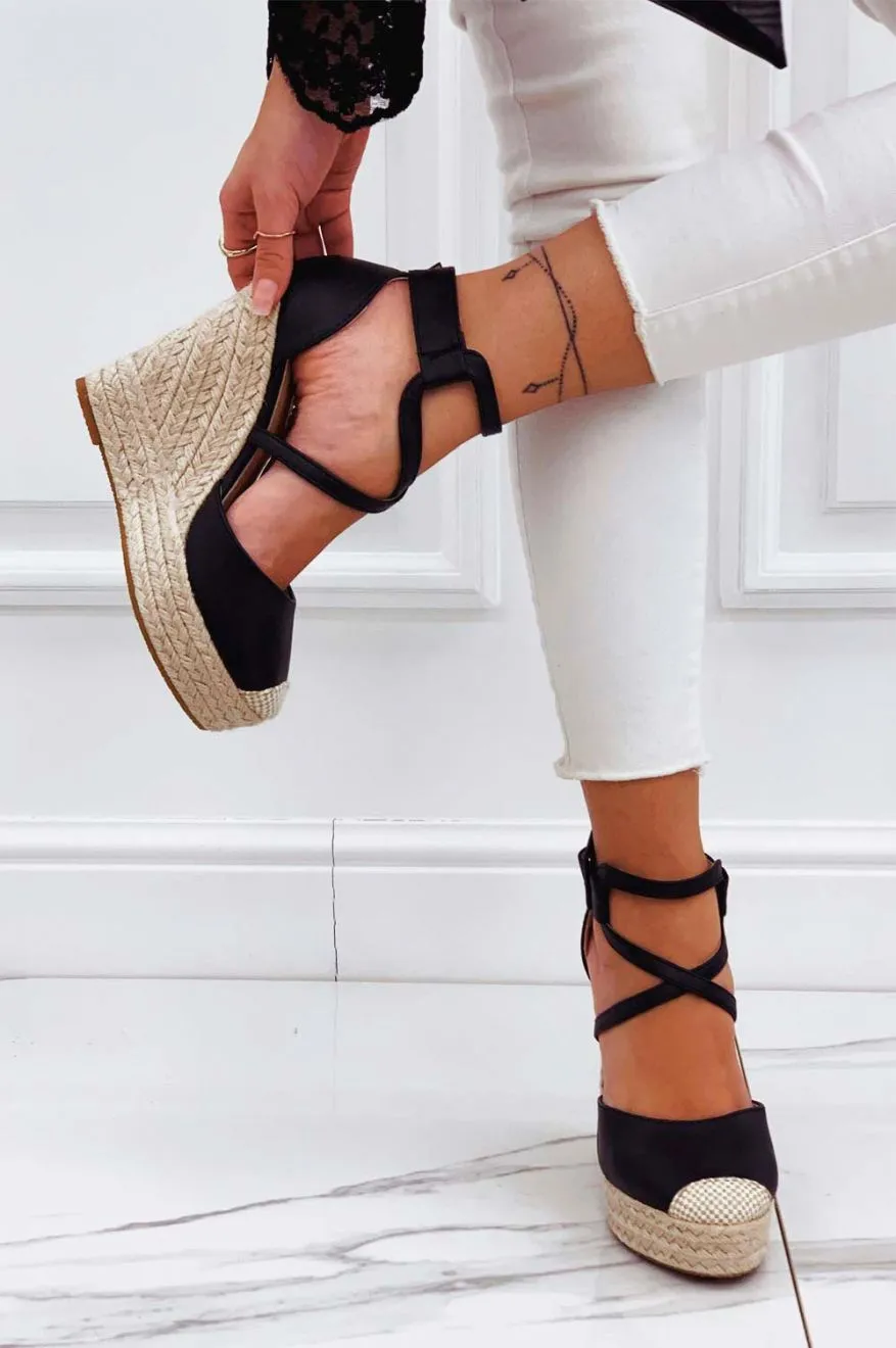MORRIS - Espadrilles nere in finta pelle con zeppa e fasce ad incrocio