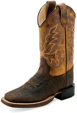 Old West Boots Unisex-Child Broad Square Toe Burnt Dark Brown Leather Cowboy Boots