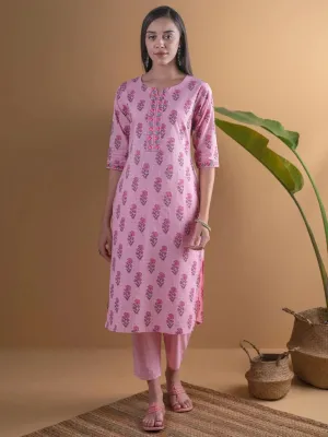 Pink Printed Cotton Straight Kurta With Trousers