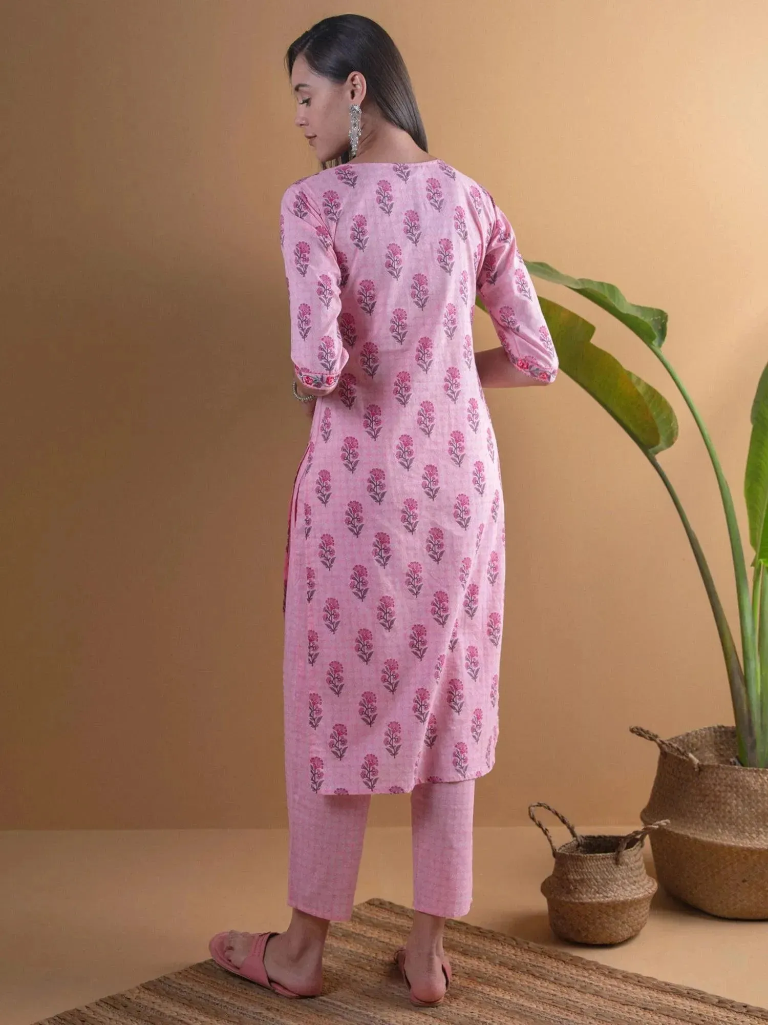 Pink Printed Cotton Straight Kurta With Trousers