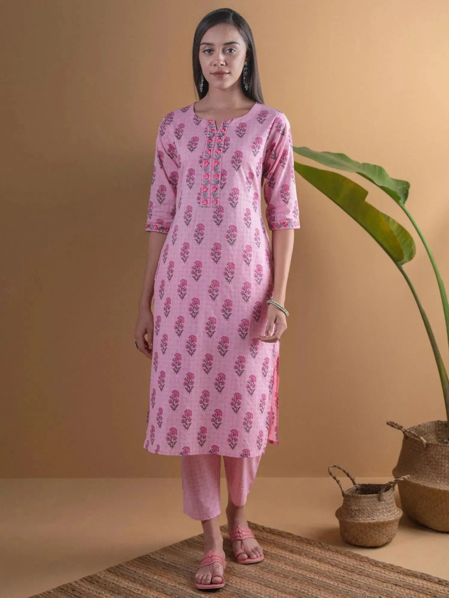 Pink Printed Cotton Straight Kurta With Trousers