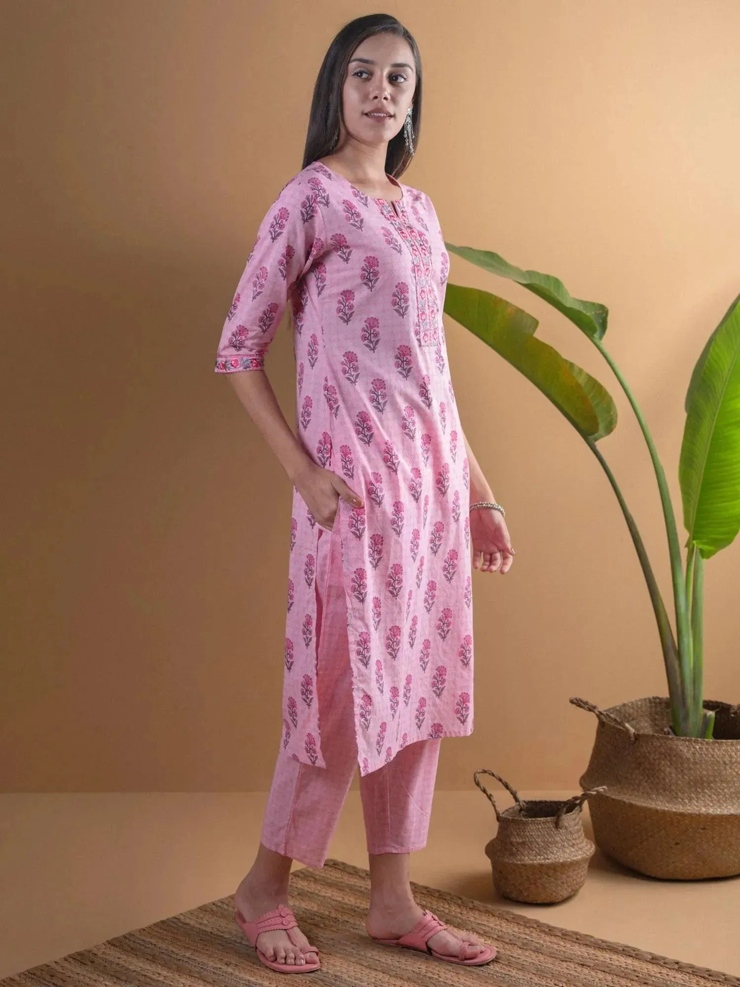 Pink Printed Cotton Straight Kurta With Trousers