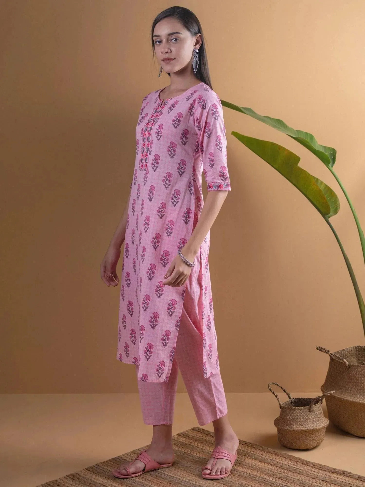 Pink Printed Cotton Straight Kurta With Trousers