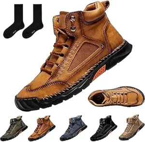Sawbehind Mens Boots, Sawbehind Men's Comfortable Handmade Leather Boots  Waterproof, Spacious Toe Box Outdoor Leather Shoes,Arch Support Orthopedics Shoes for Men
