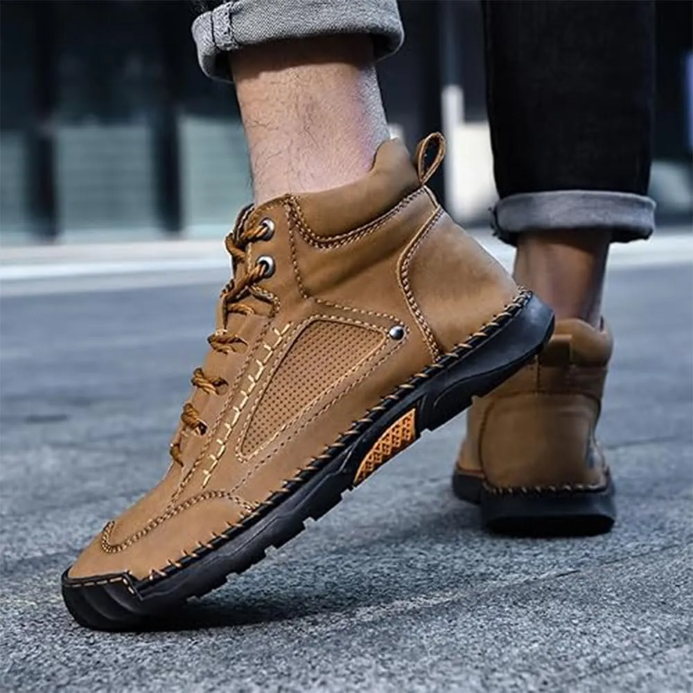 Sawbehind Mens Boots, Sawbehind Men's Comfortable Handmade Leather Boots  Waterproof, Spacious Toe Box Outdoor Leather Shoes,Arch Support Orthopedics Shoes for Men
