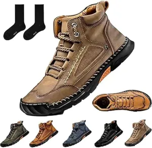 Sawbehind Mens Boots, Sawbehind Men's Comfortable Handmade Leather Boots  Waterproof, Spacious Toe Box Outdoor Leather Shoes,Arch Support Orthopedics Shoes for Men