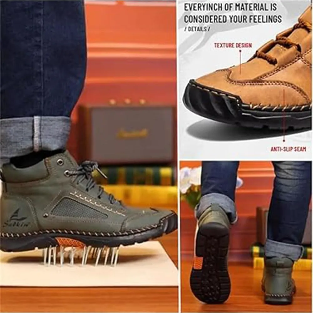 Sawbehind Mens Boots, Sawbehind Men's Comfortable Handmade Leather Boots  Waterproof, Spacious Toe Box Outdoor Leather Shoes,Arch Support Orthopedics Shoes for Men