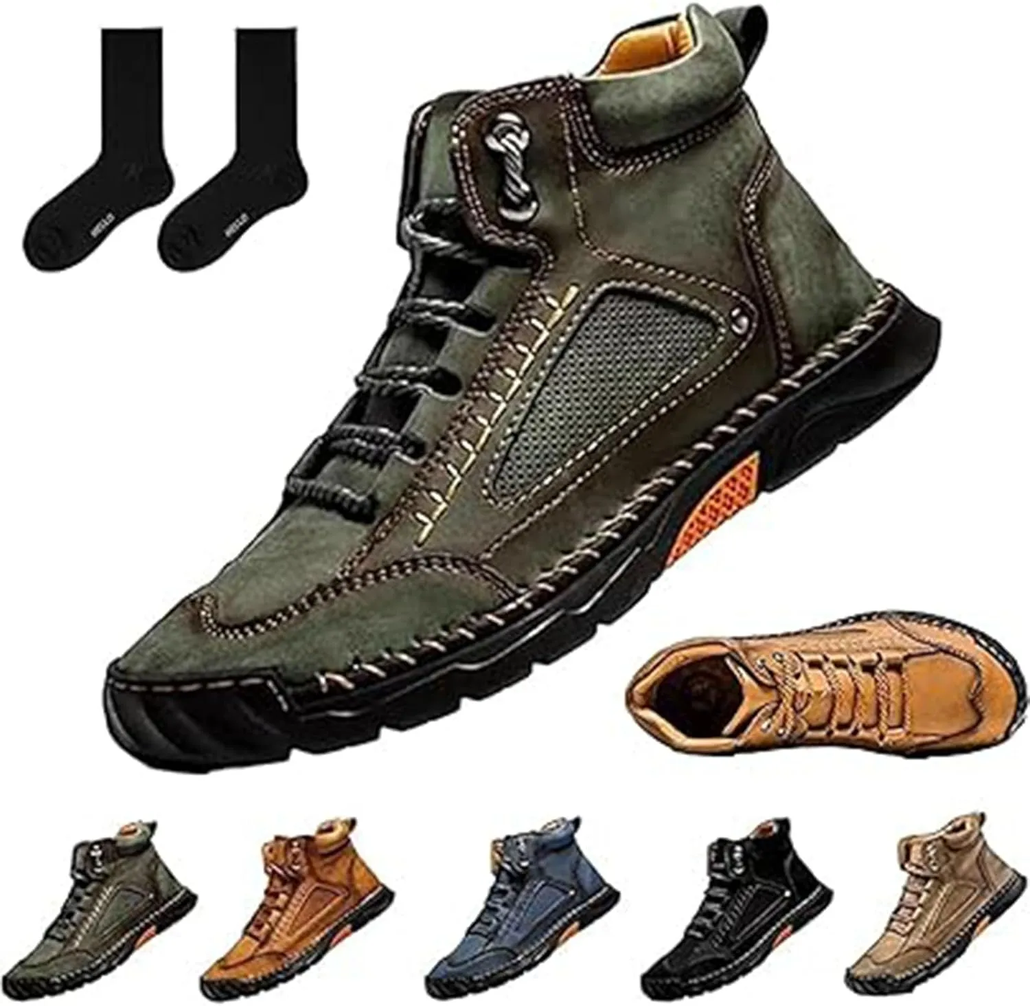 Sawbehind Mens Boots, Sawbehind Men's Comfortable Handmade Leather Boots  Waterproof, Spacious Toe Box Outdoor Leather Shoes,Arch Support Orthopedics Shoes for Men