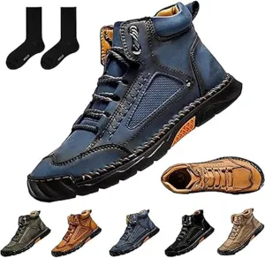 Sawbehind Mens Boots, Sawbehind Men's Comfortable Handmade Leather Boots  Waterproof, Spacious Toe Box Outdoor Leather Shoes,Arch Support Orthopedics Shoes for Men