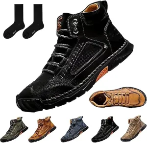 Sawbehind Mens Boots, Sawbehind Men's Comfortable Handmade Leather Boots  Waterproof, Spacious Toe Box Outdoor Leather Shoes,Arch Support Orthopedics Shoes for Men