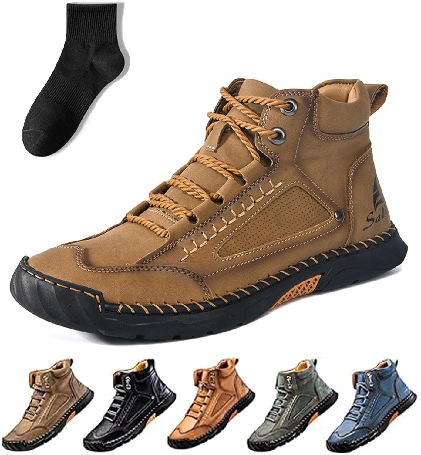 Sawbehind Mens Boots, Sawbehind Men's Comfortable Handmade Leather Boots, Wide Head Design with Arch Support Spacious Toe Box Outdoor Leather Shoes (Khaki, Adult, Men, 6, Numeric, US Footwear Size System, Wide)