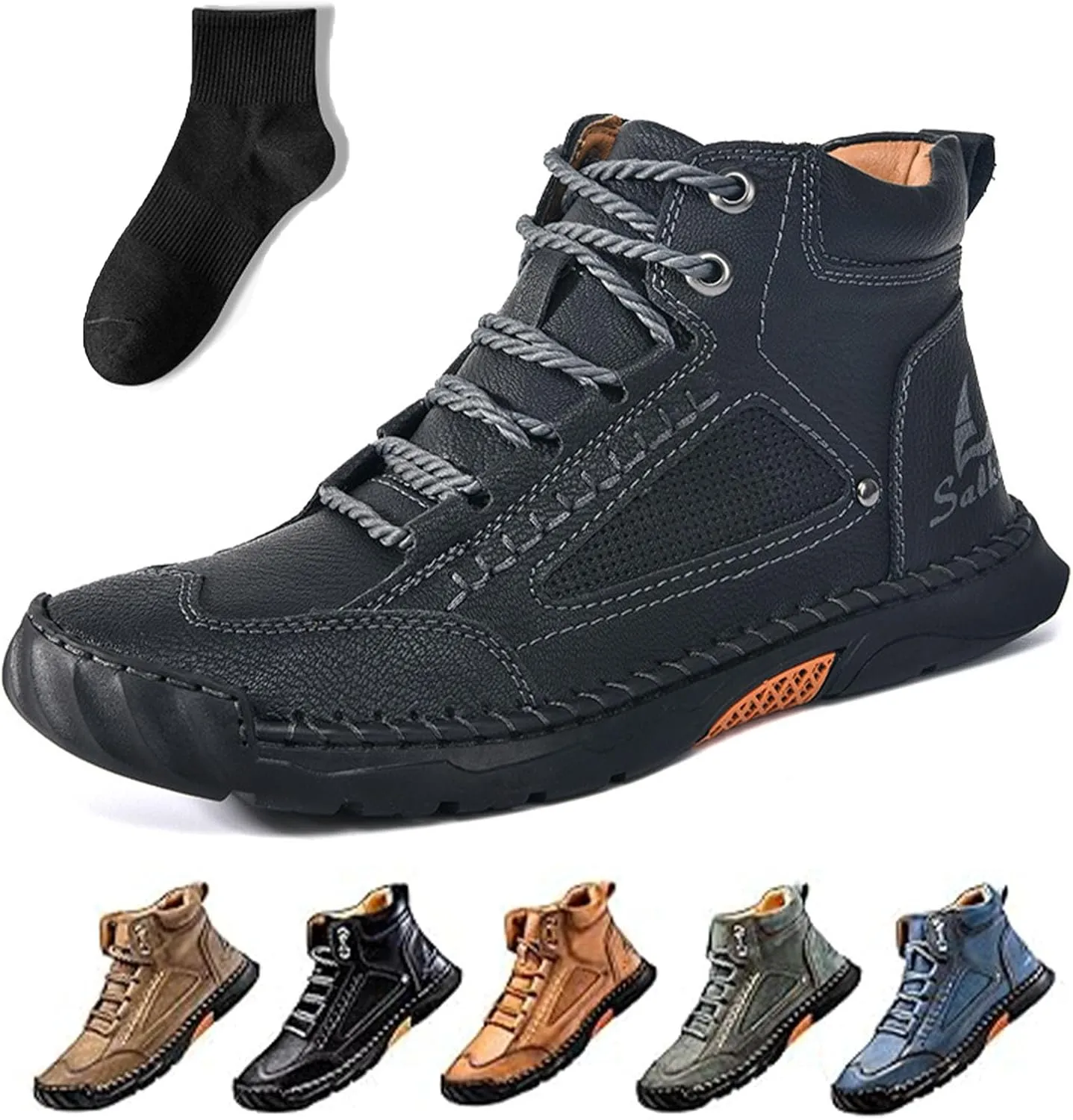 Sawbehind Mens Boots, Sawbehind Men's Comfortable Handmade Leather Boots, Wide Head Design with Arch Support Spacious Toe Box Outdoor Leather Shoes