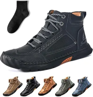 Sawbehind Mens Boots, Sawbehind Men's Comfortable Handmade Leather Boots, Wide Head Design with Arch Support Spacious Toe Box Outdoor Leather Shoes