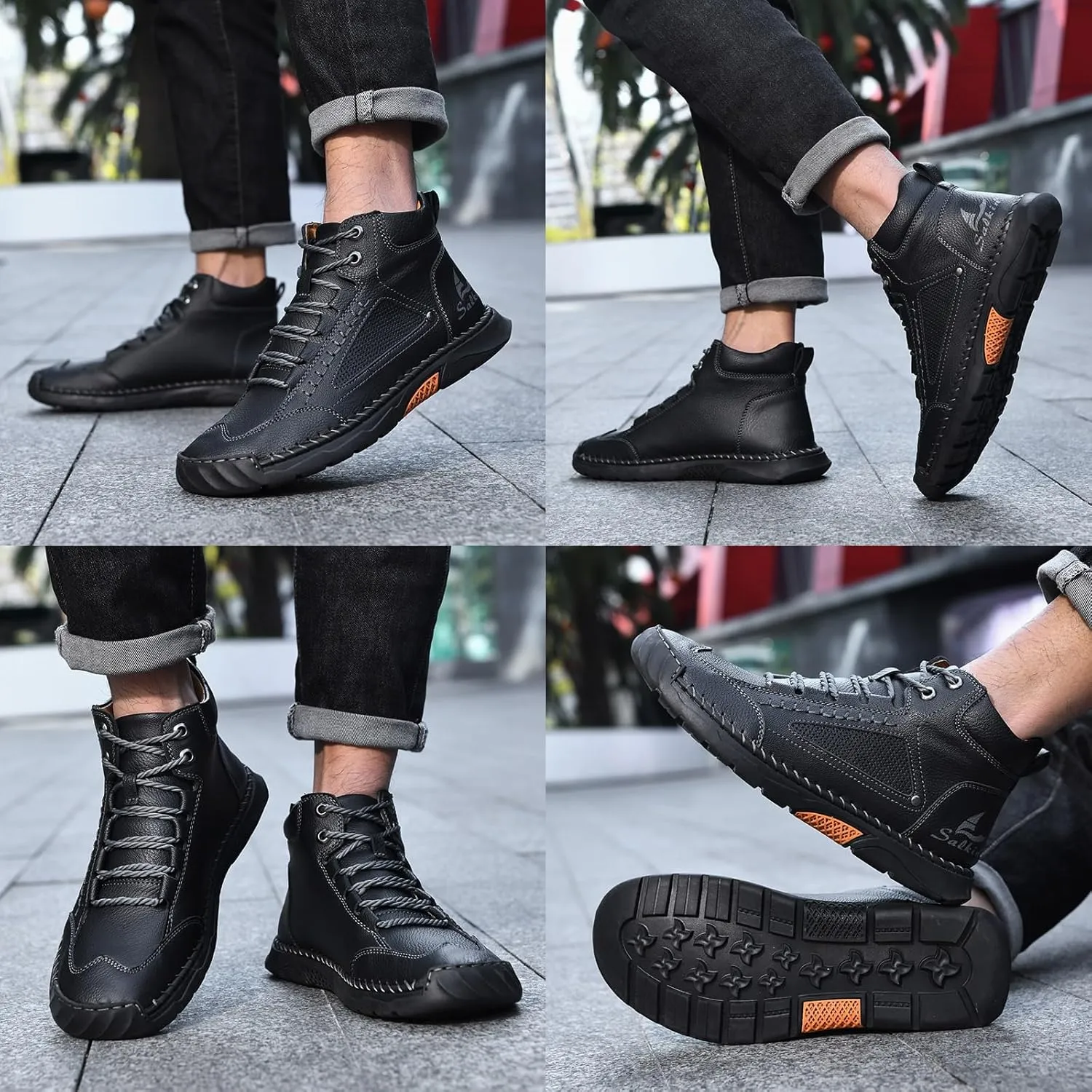 Sawbehind Men's Comfortable Handmade Leather Boots Waterproof, Sawbehind Mens Boots, Spacious Toe Box Outdoor Leather Shoes s