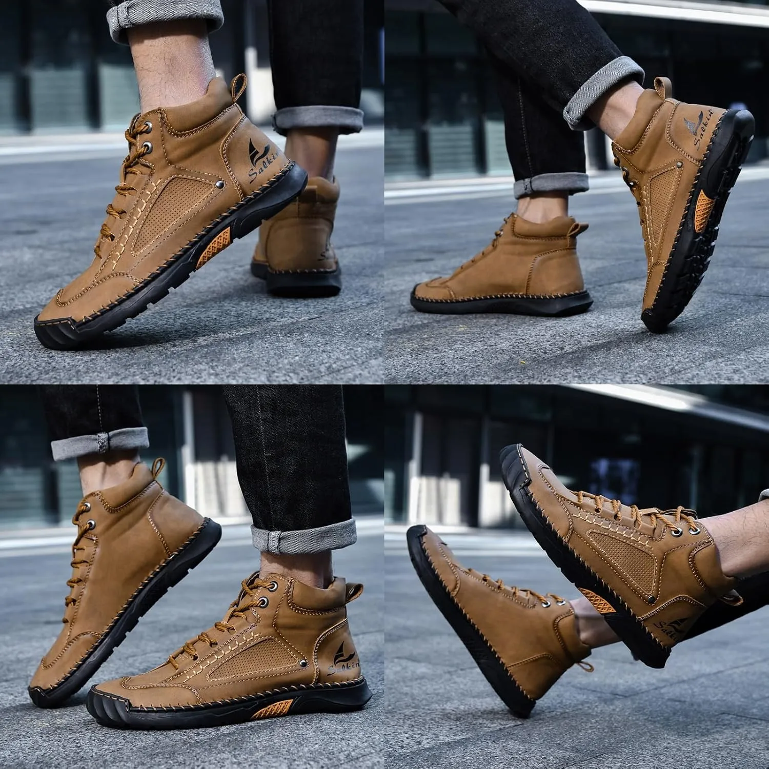 Sawbehind Men's Comfortable Handmade Leather Boots Waterproof, Sawbehind Mens Boots, Spacious Toe Box Outdoor Leather Shoes s