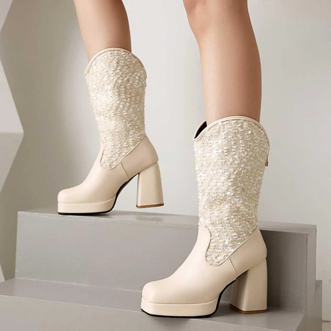 Sequin Platform Boots for Women Fashion Square Toe Chunky Block Heeled Boots Rain Boots