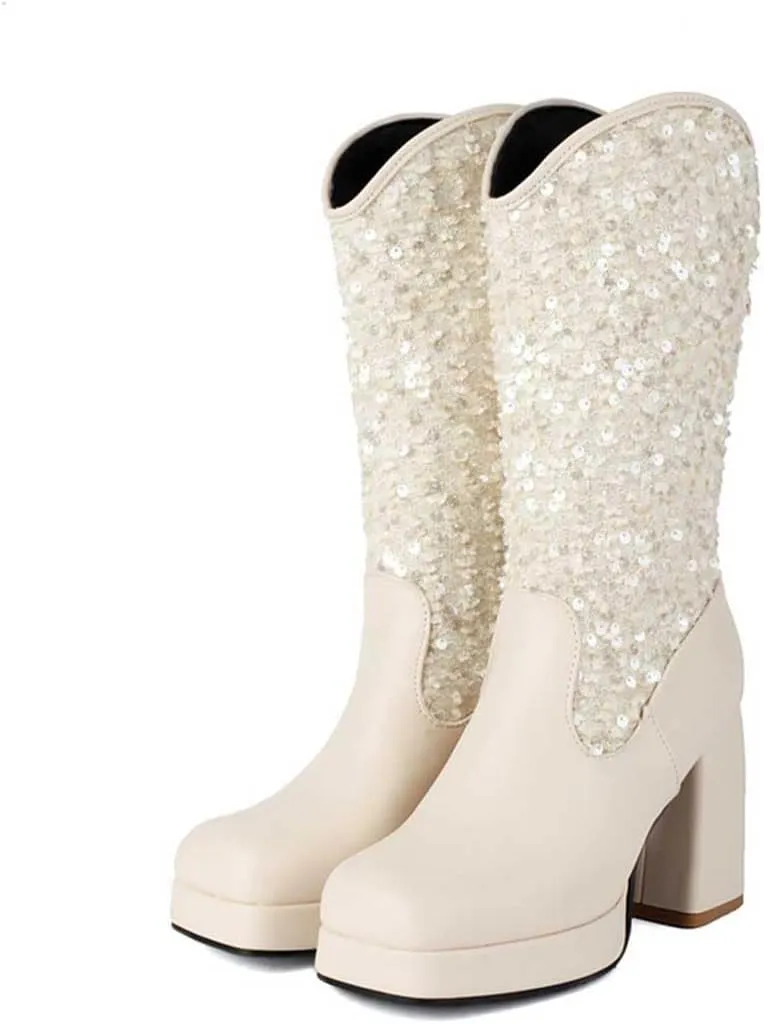 Sequin Platform Boots for Women Fashion Square Toe Chunky Block Heeled Boots Rain Boots