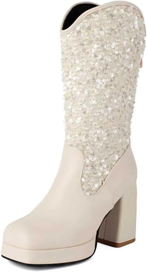 Sequin Platform Boots for Women Fashion Square Toe Chunky Block Heeled Boots Rain Boots