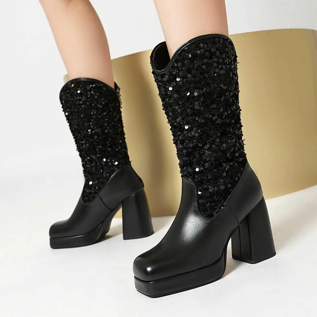 Sequin Platform Boots for Women Fashion Square Toe Chunky Block Heeled Boots Rain Boots