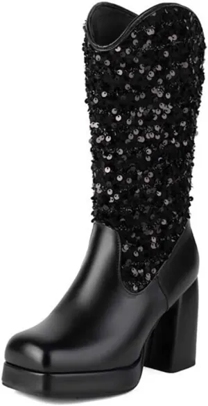 Sequin Platform Boots for Women Fashion Square Toe Chunky Block Heeled Boots Rain Boots