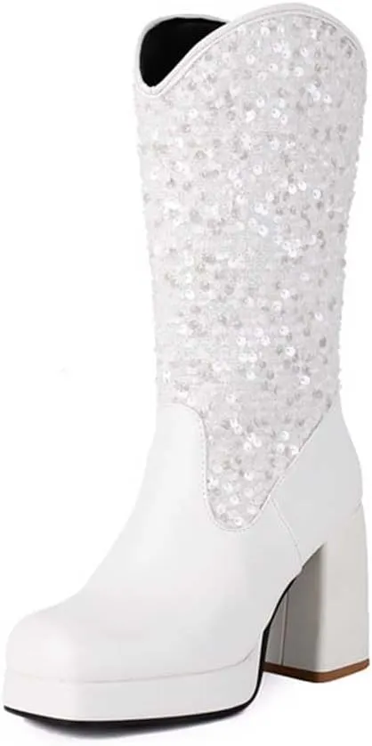 Sequin Platform Boots for Women Fashion Square Toe Chunky Block Heeled Boots Rain Boots