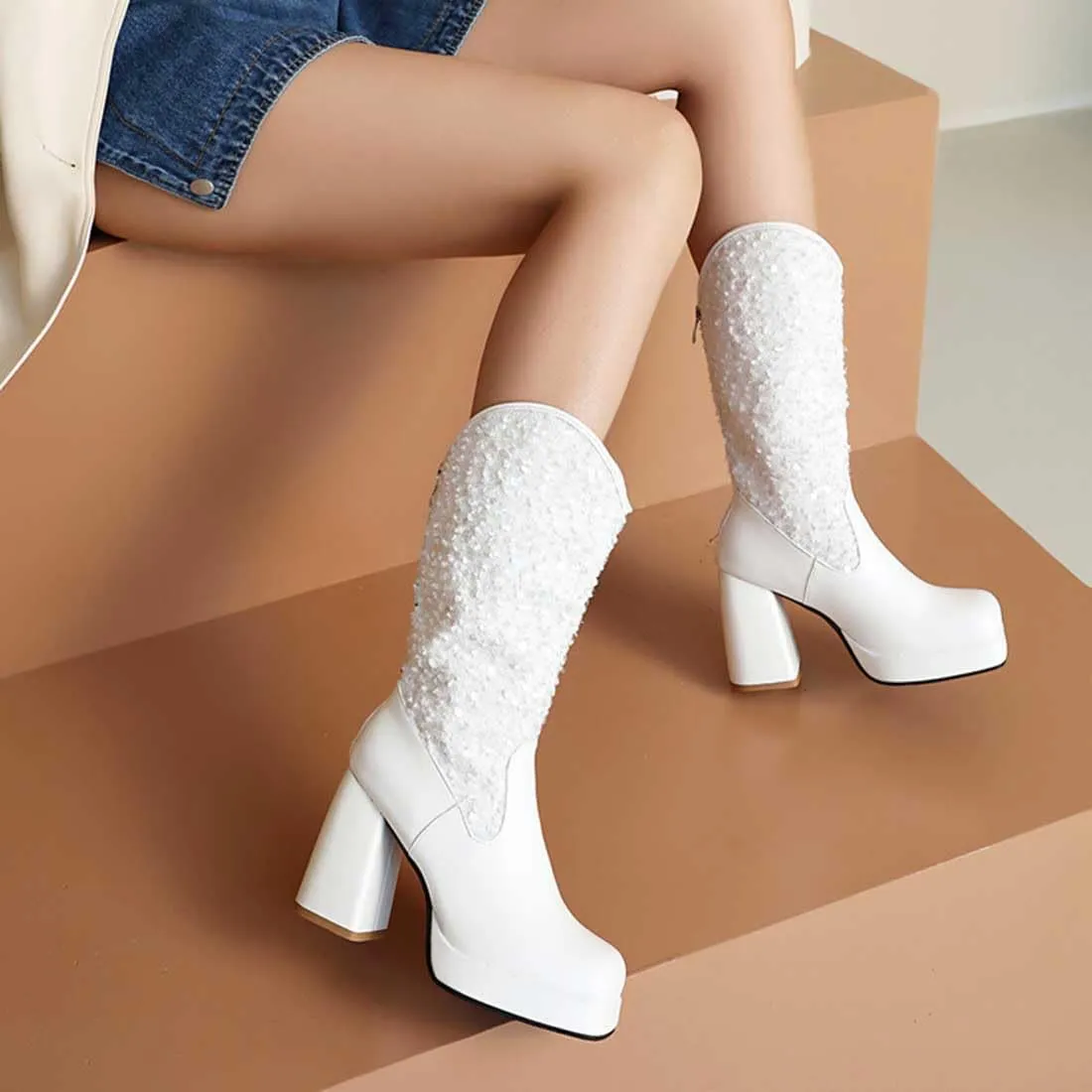 Sequin Platform Boots for Women Fashion Square Toe Chunky Block Heeled Boots Rain Boots