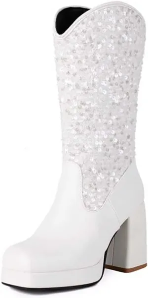 Sequin Platform Boots for Women Fashion Square Toe Chunky Block Heeled Boots Rain Boots