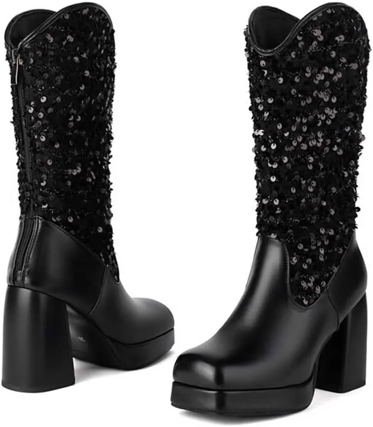 Sequin Platform Boots for Women Fashion Square Toe Chunky Block Heeled Boots Rain Boots