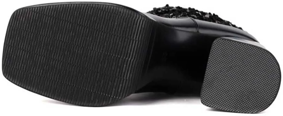 Sequin Platform Boots for Women Fashion Square Toe Chunky Block Heeled Boots Rain Boots