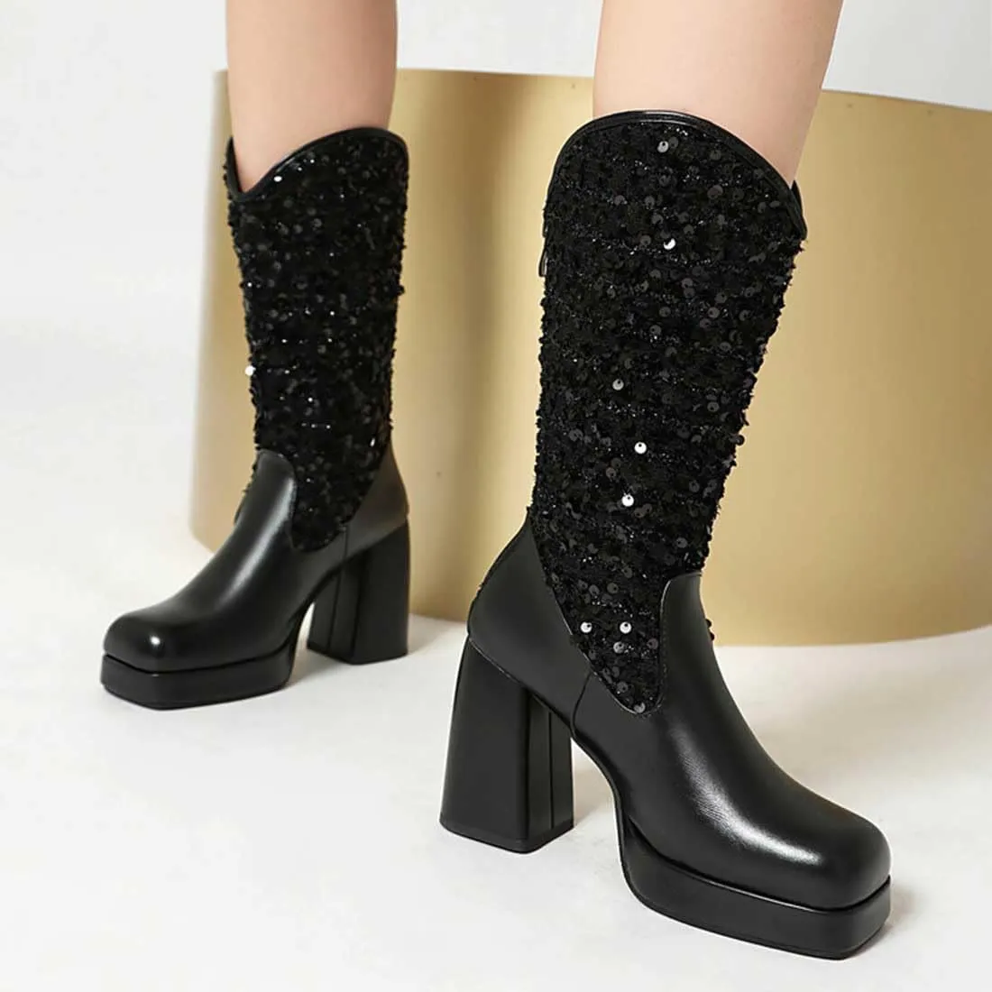 Sequin Platform Boots for Women Fashion Square Toe Chunky Block Heeled Boots Rain Boots