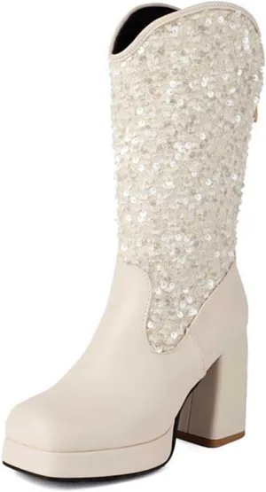 Sequin Platform Boots for Women Fashion Square Toe Chunky Block Heeled Boots Rain Boots
