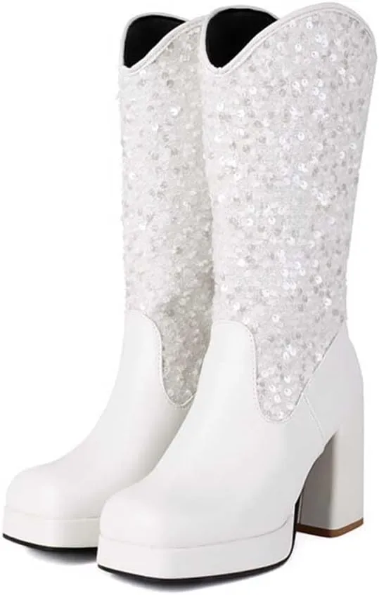 Sequin Platform Boots for Women Fashion Square Toe Chunky Block Heeled Boots Rain Boots