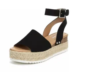 Soda Topic Open Toe Buckle Ankle Strap Espadrilles Flatform Wedge Casual Sandal (10, Black)