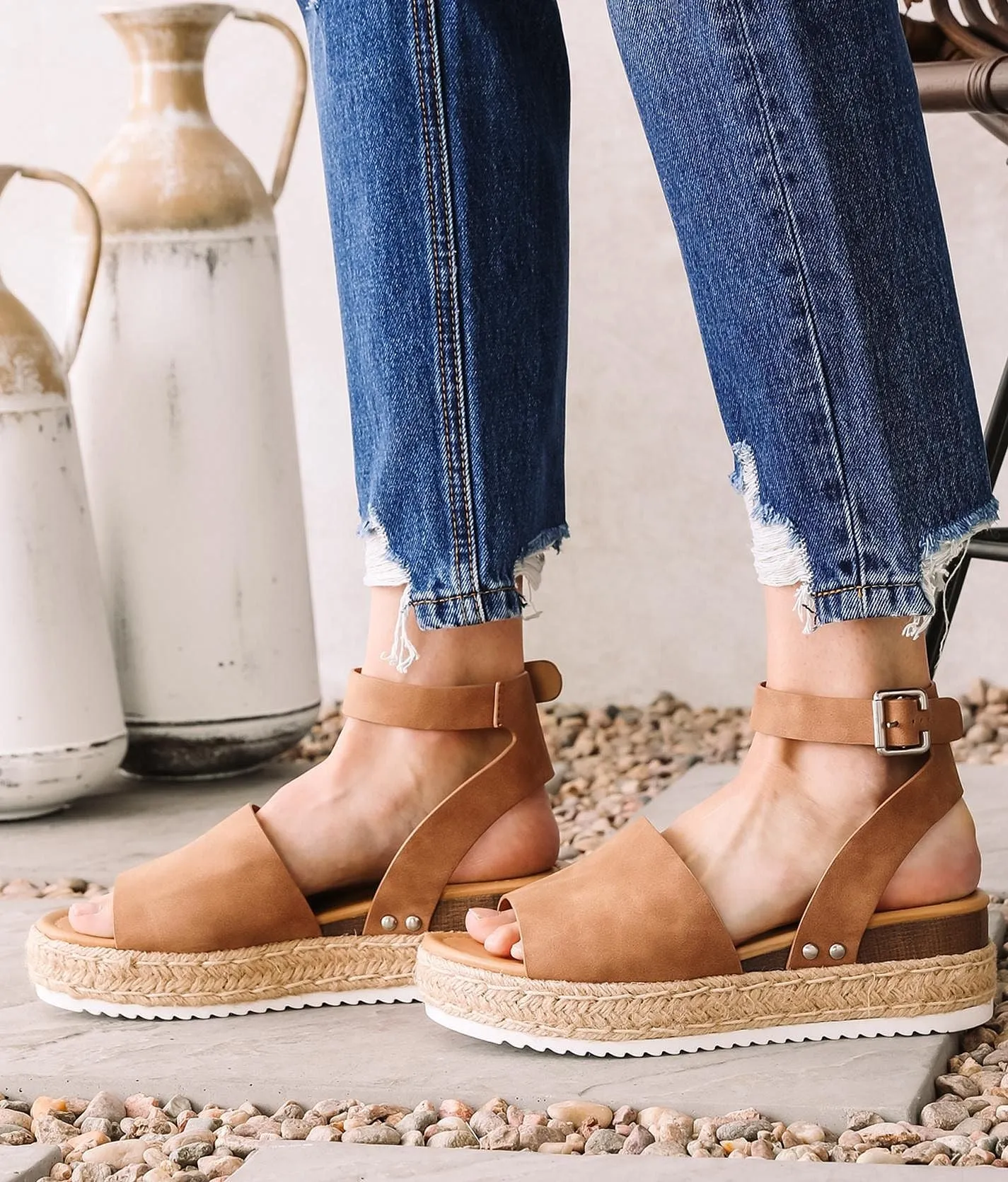 Soda Topic Open Toe Buckle Ankle Strap Espadrilles Flatform Wedge Casual Sandal (9, Tan)
