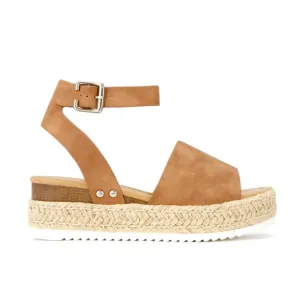 Soda Topic Open Toe Buckle Ankle Strap Espadrilles Flatform Wedge Casual Sandal (9, Tan)