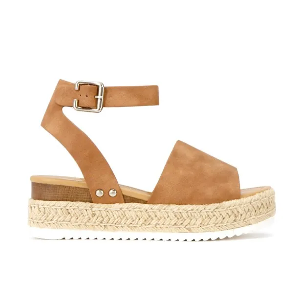 Soda Topic Open Toe Buckle Ankle Strap Espadrilles Flatform Wedge Casual Sandal (9, Tan)