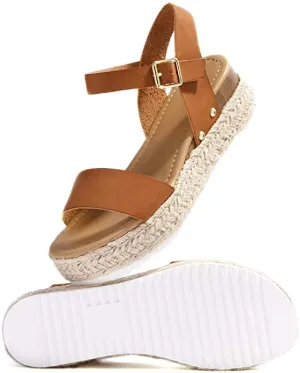 Soda Topic Tan Casual Espadrilles Wedge Ankle Strap Sandals