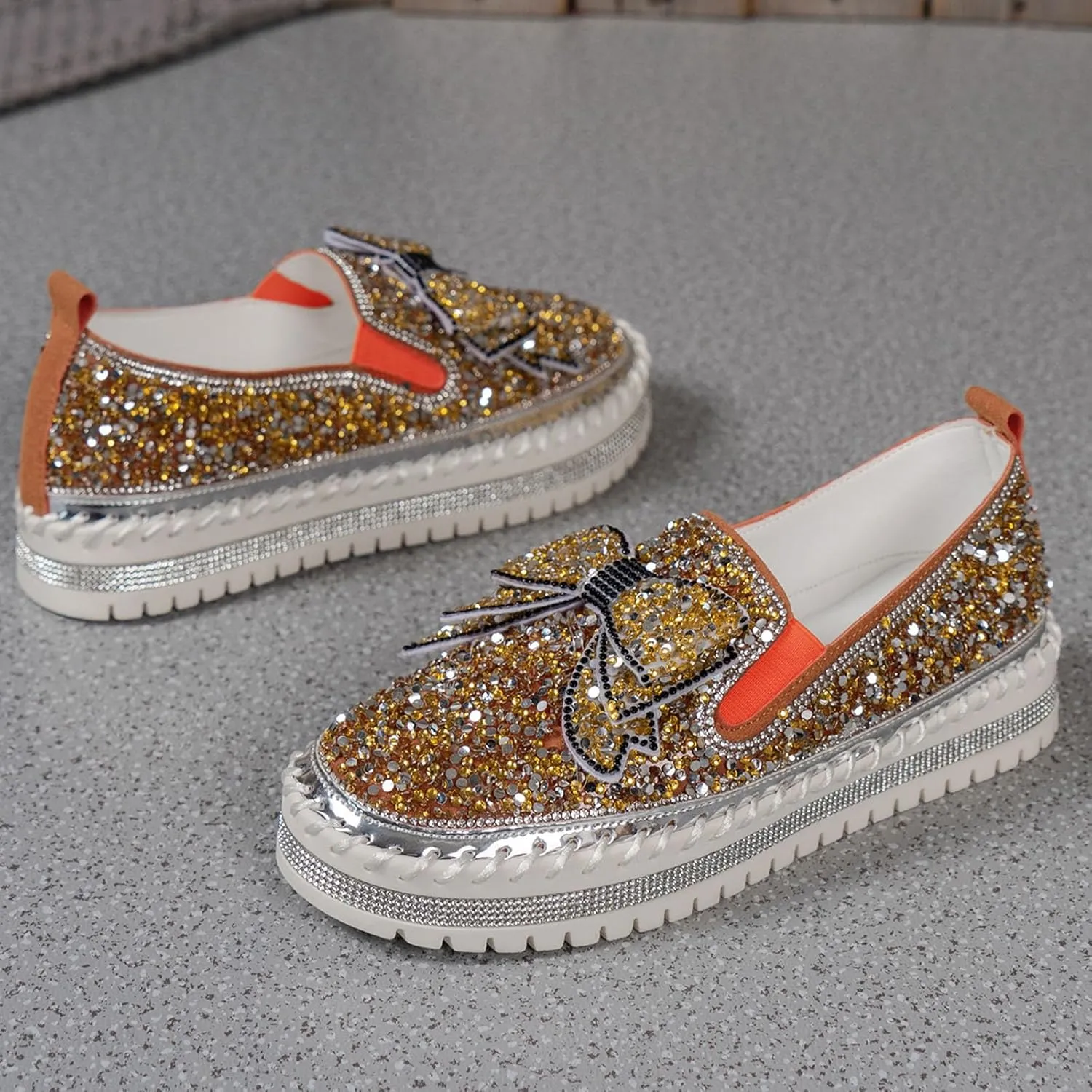Thick Soft Platform Loafers for Women Sparkly Rhinestone Bow Decoration Single Shoes Elegant Banquet Casual Shoes Canvas