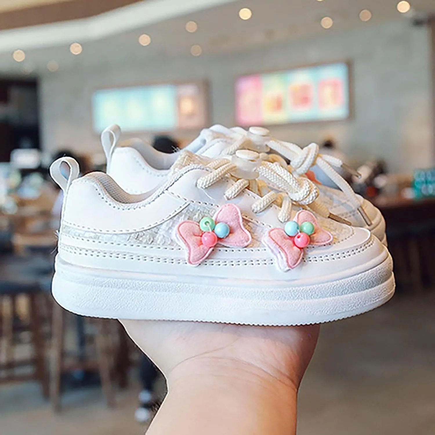 Toddler Cute Shoes Girls Sneakers Bow Flower Decoration Soft Bottom Board Shoes with Buckle for Flat Bottom Sneakers