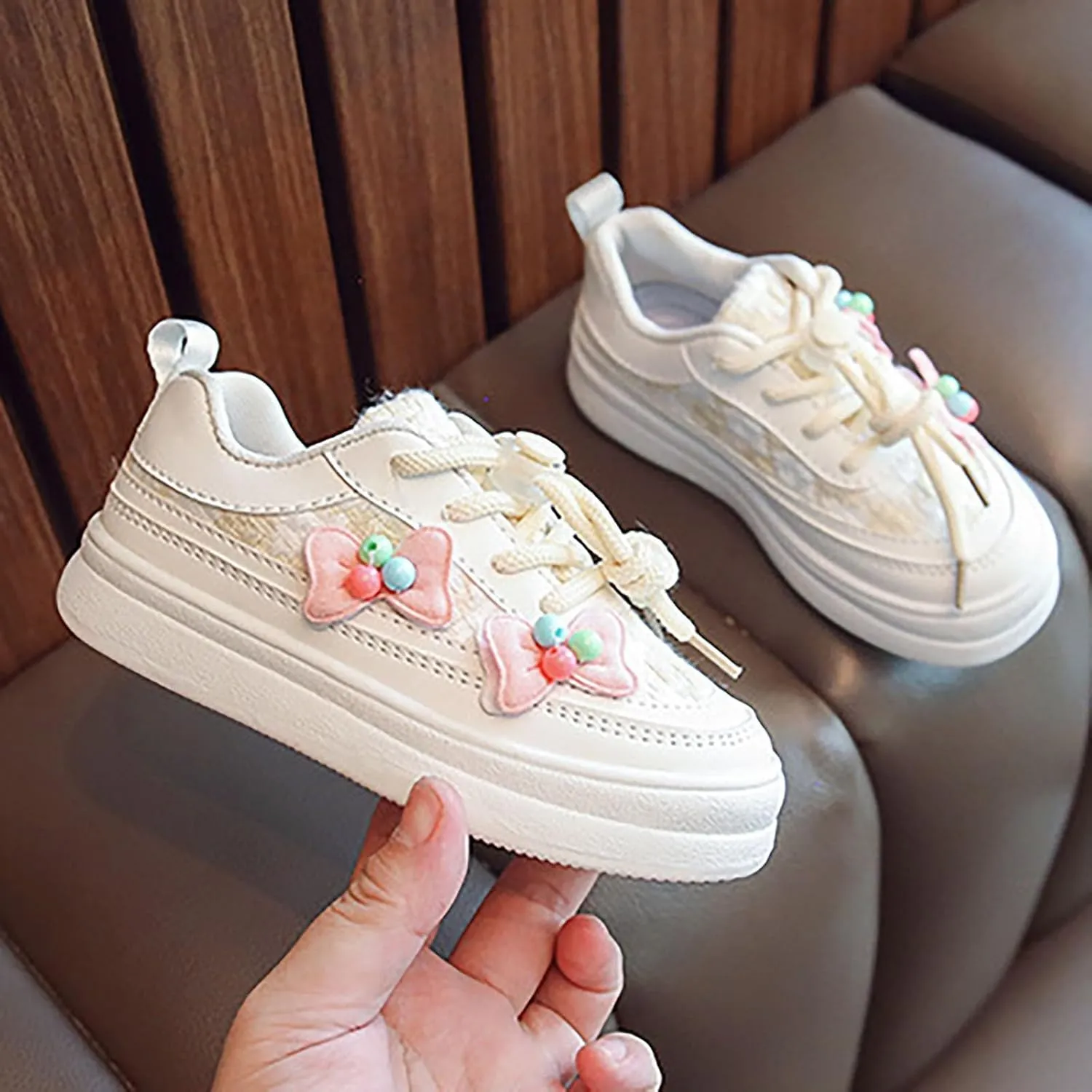 Toddler Cute Shoes Girls Sneakers Bow Flower Decoration Soft Bottom Board Shoes with Buckle for Flat Bottom Sneakers