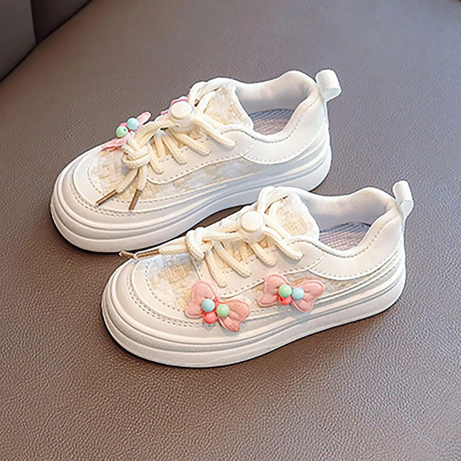 Toddler Cute Shoes Girls Sneakers Bow Flower Decoration Soft Bottom Board Shoes with Buckle for Flat Bottom Sneakers