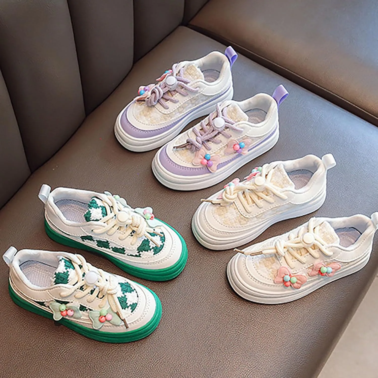 Toddler Cute Shoes Girls Sneakers Bow Flower Decoration Soft Bottom Board Shoes with Buckle for Flat Bottom Sneakers