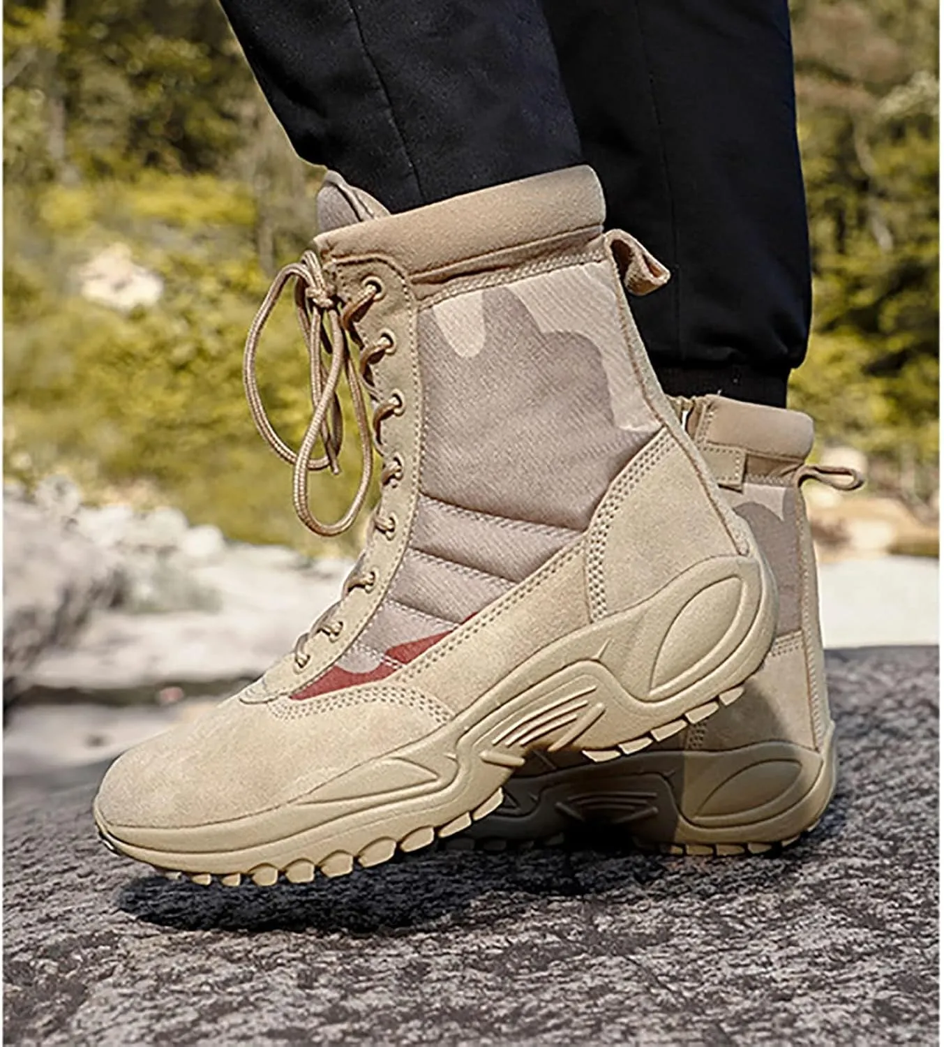 Wcxixo Men's Outdoor High-top Desert Tactical Boots, Comfort Breathable Rubber Sole Tactical Combat Shoes, Durable Lace-up Sports Waterproof Hiking Shoes