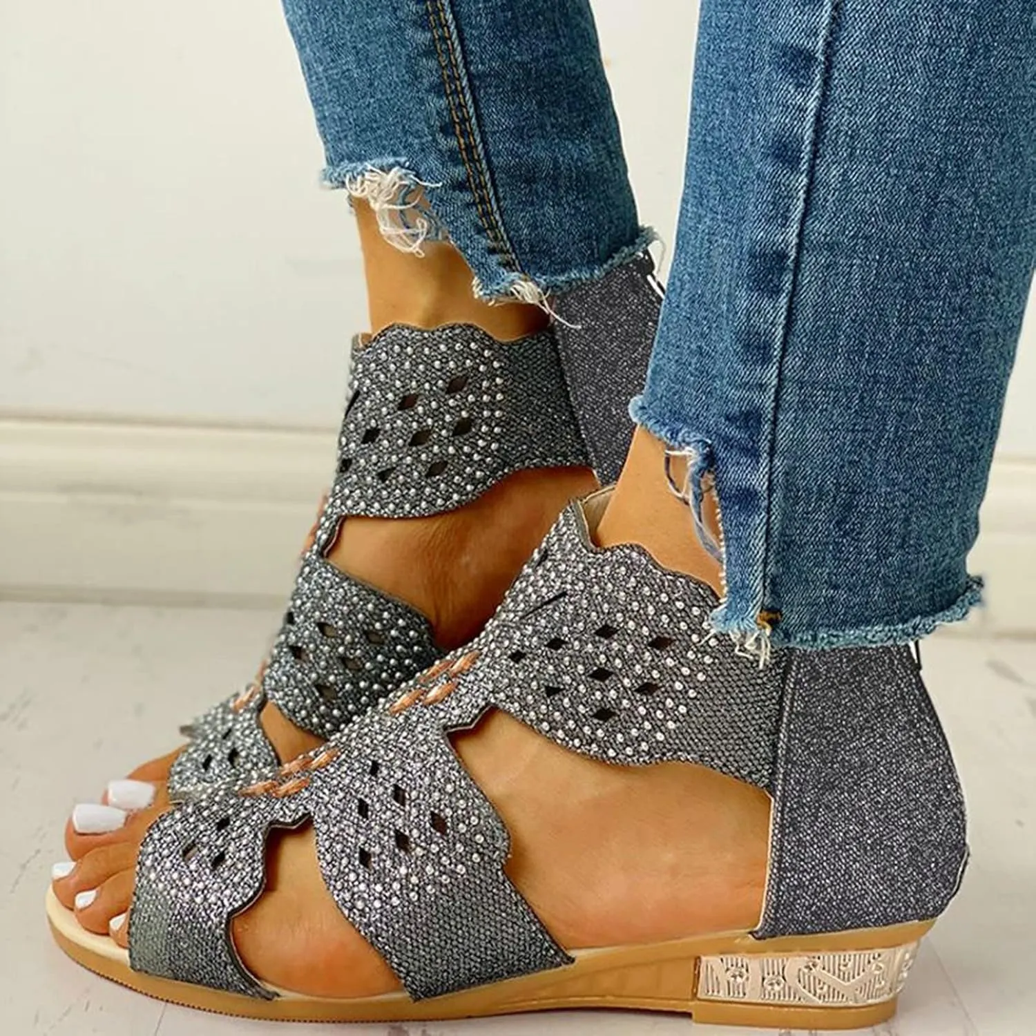 Wedge Sandals for Women Dressy Summer,Women Open Toe Sandal Hollow Out Gladiator Sandals High Top Ankle Zipper Low Heels Sandals Dressy Wedding Party Shoes Platform Sandals