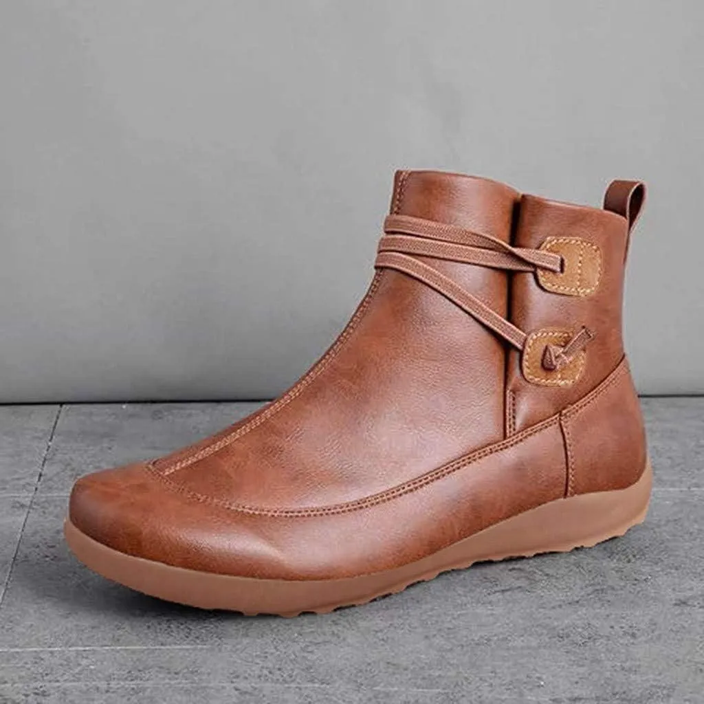 Women's Ankle Boots Fashion Arch Support Flat Heel Boots Vintage Leather Side Zip up Booties with Fall Winter