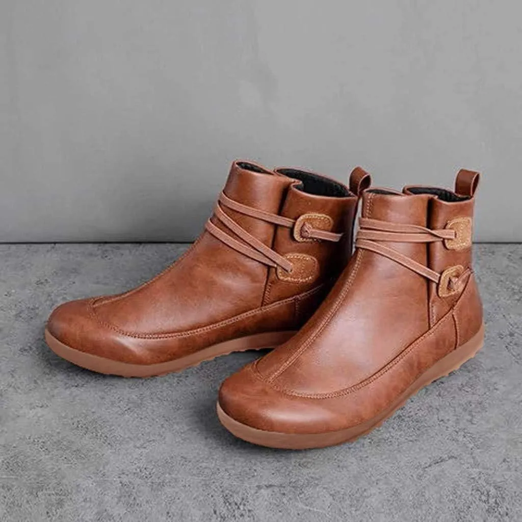 Women's Ankle Boots Fashion Arch Support Flat Heel Boots Vintage Leather Side Zip up Booties with Fall Winter