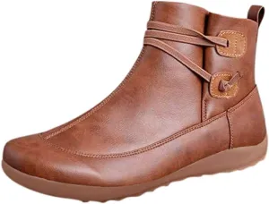 Women's Ankle Boots Fashion Arch Support Flat Heel Boots Vintage Leather Side Zip up Booties with Fall Winter