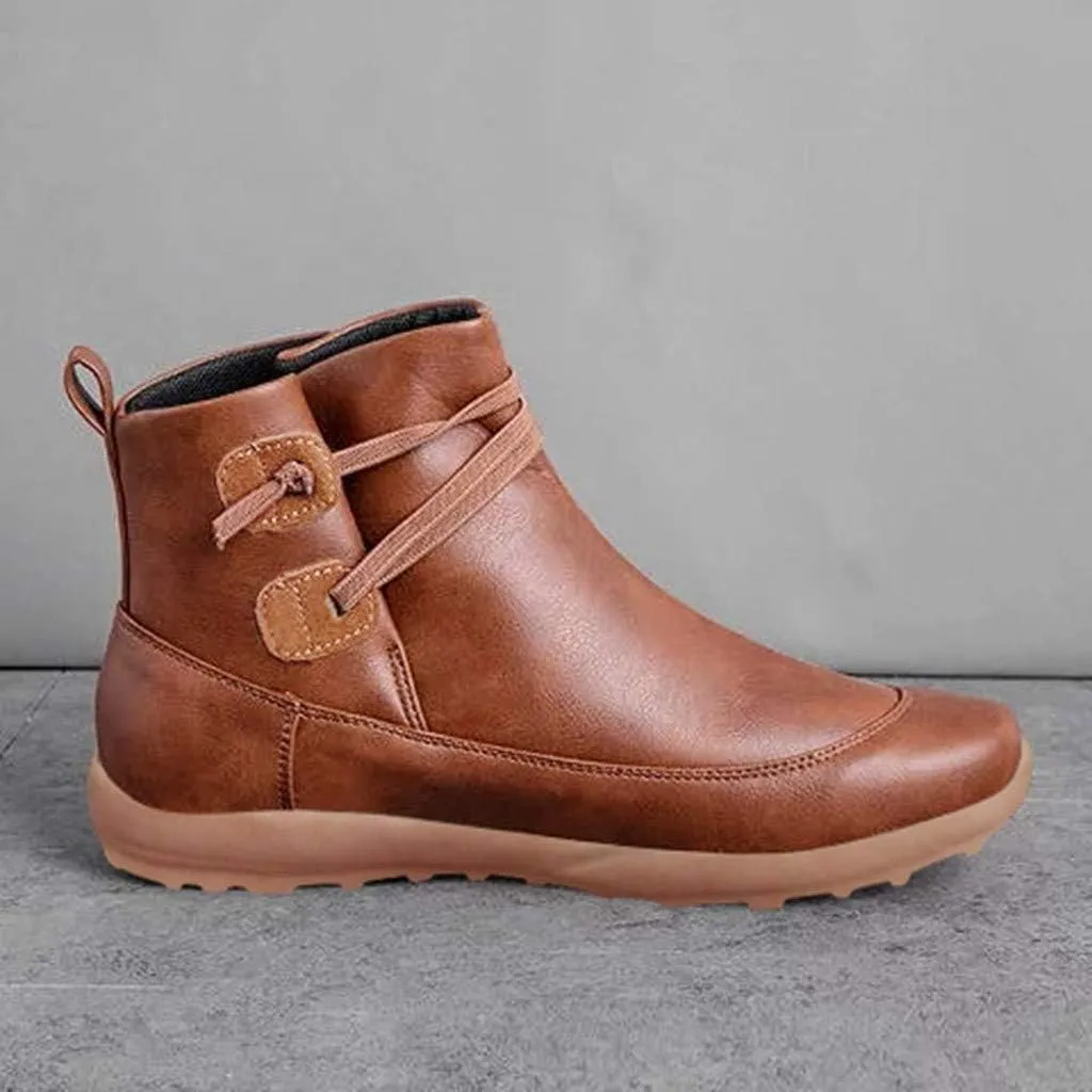 Women's Ankle Boots Fashion Arch Support Flat Heel Boots Vintage Leather Side Zip up Booties with Fall Winter